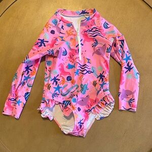 Girls' Pink Long-Sleeve Rash Guard One-Piece Swimsuit
